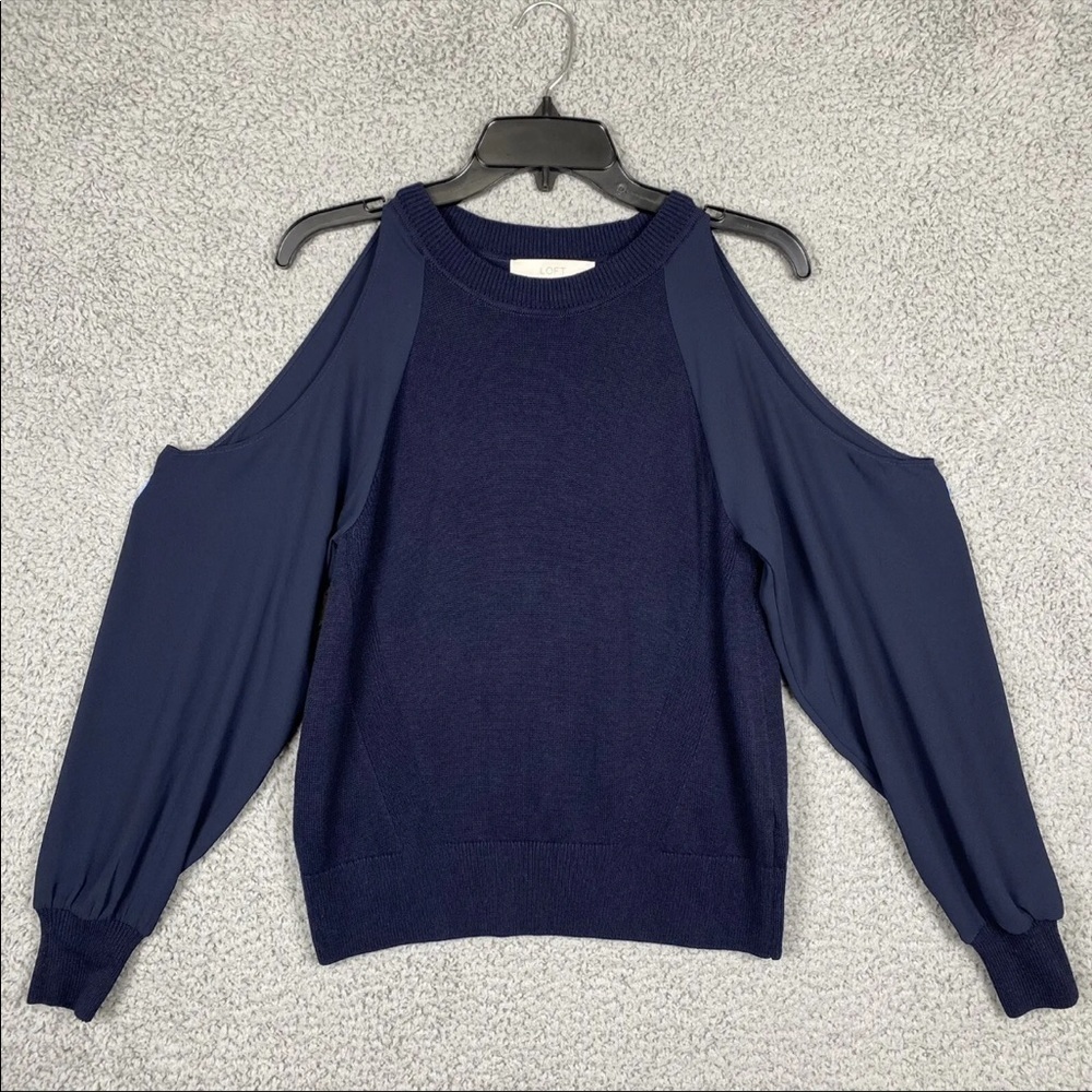 Loft Women's XS Navy Blue Cold Shoulder Chiffon Long Sleeve Knit Sweater Top